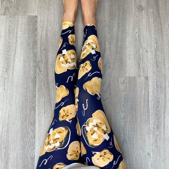 LuLaRoe Halloween Pumpkin Leggings Navy Gold TC2 Plus Size 20-24 - Picture 3 of 4